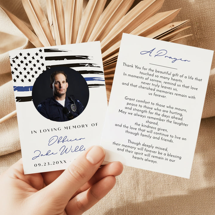 POLICE In Loving Memory Thin Blue Line Police Memorial Prayer Card with Photo