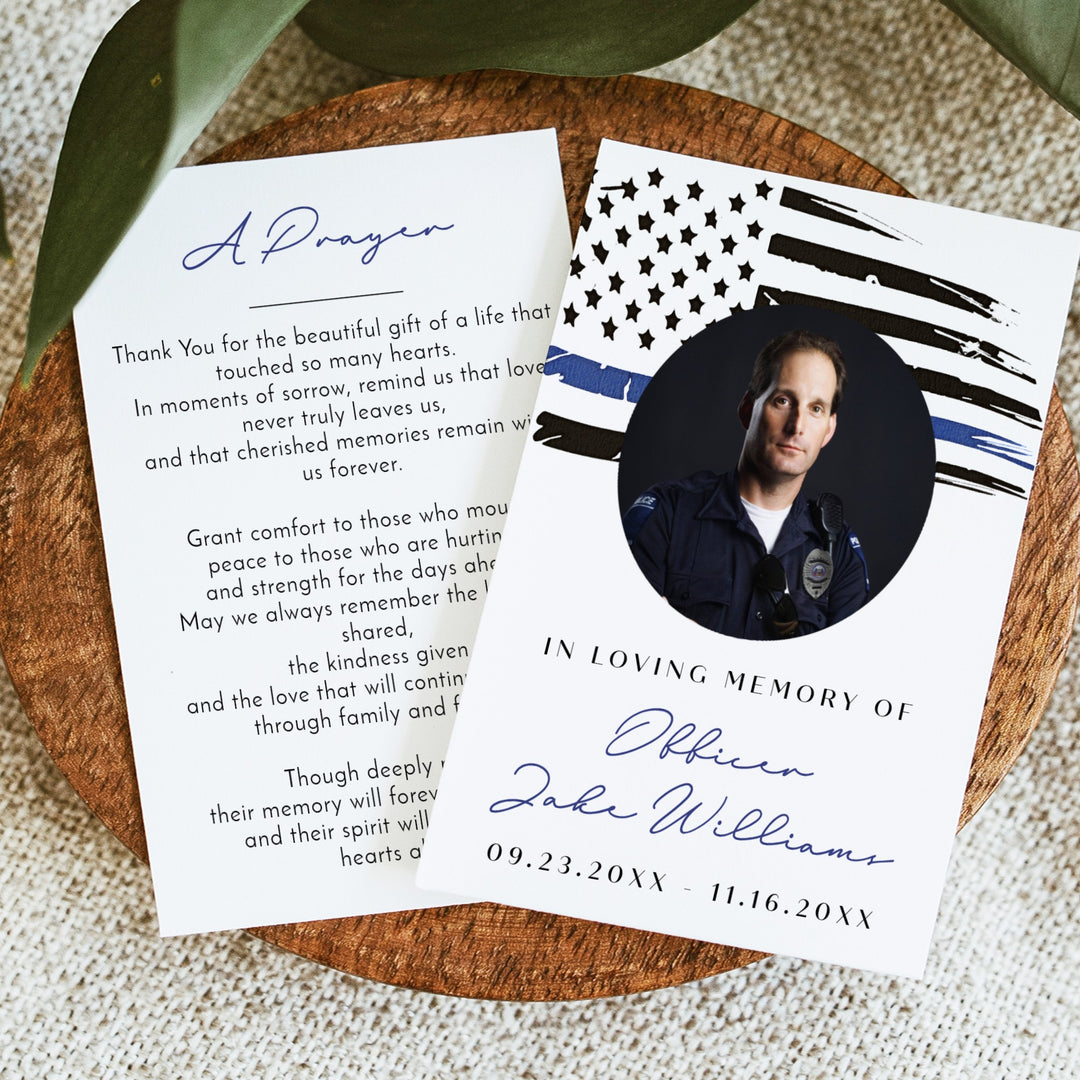 POLICE In Loving Memory Thin Blue Line Police Memorial Prayer Card with Photo