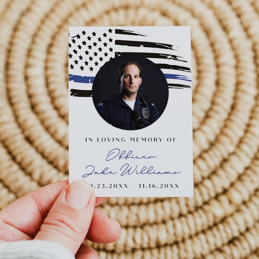 POLICE In Loving Memory Thin Blue Line Police Memorial Prayer Card with Photo