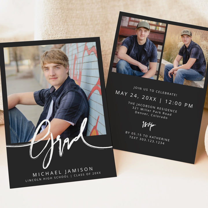 PRIYA Modern Black Photo Graduation Party Invitation