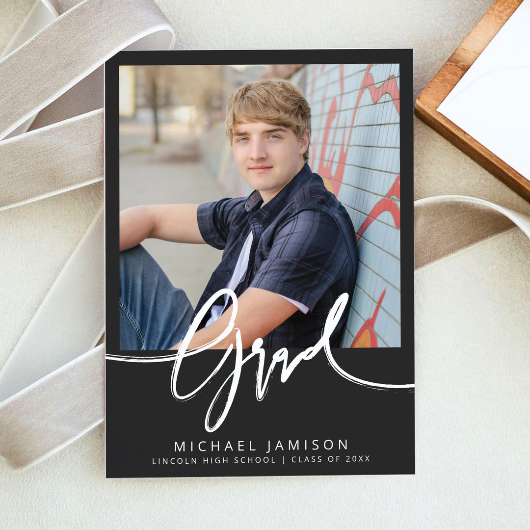 PRIYA Modern Black Photo Graduation Party Invitation