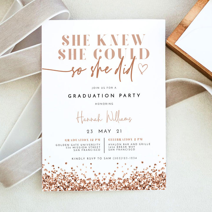 REGINA Rose Gold Glitter Graduation Party Invitation