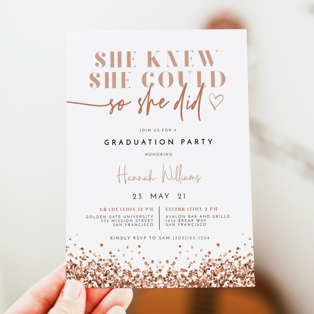 REGINA Rose Gold Glitter Graduation Party Invitation