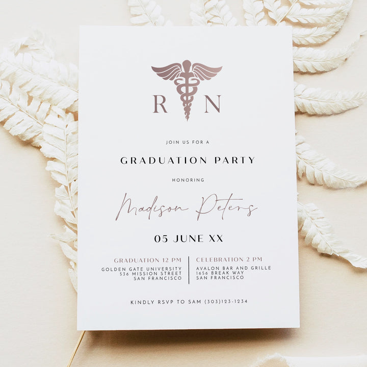 MAEVE Rose Gold Nursing School Rn Graduation Party Invitation