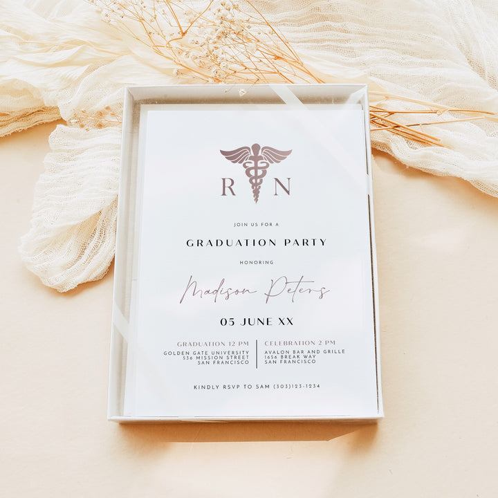 MAEVE Rose Gold Nursing School Rn Graduation Party Invitation