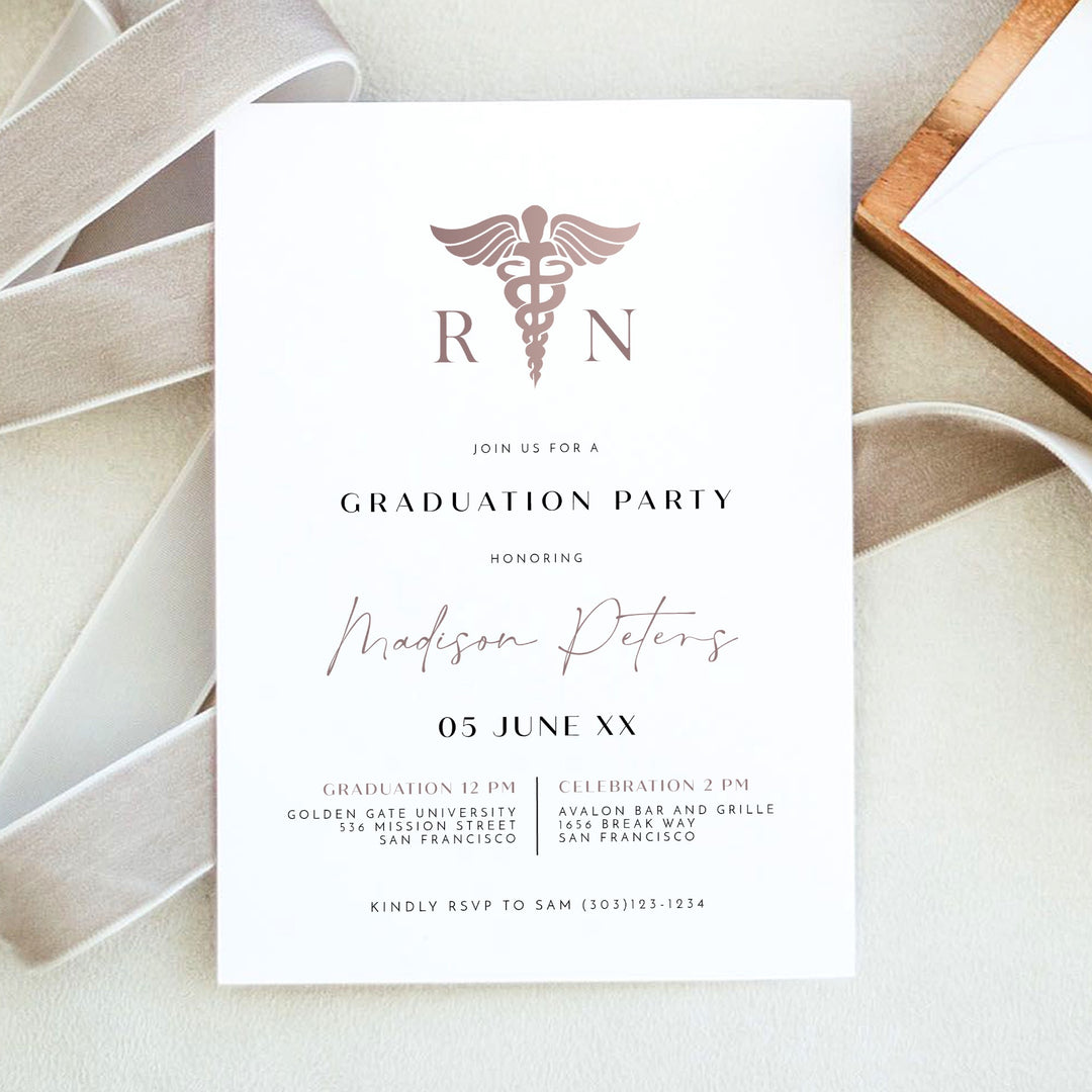 MAEVE Rose Gold Nursing School Rn Graduation Party Invitation