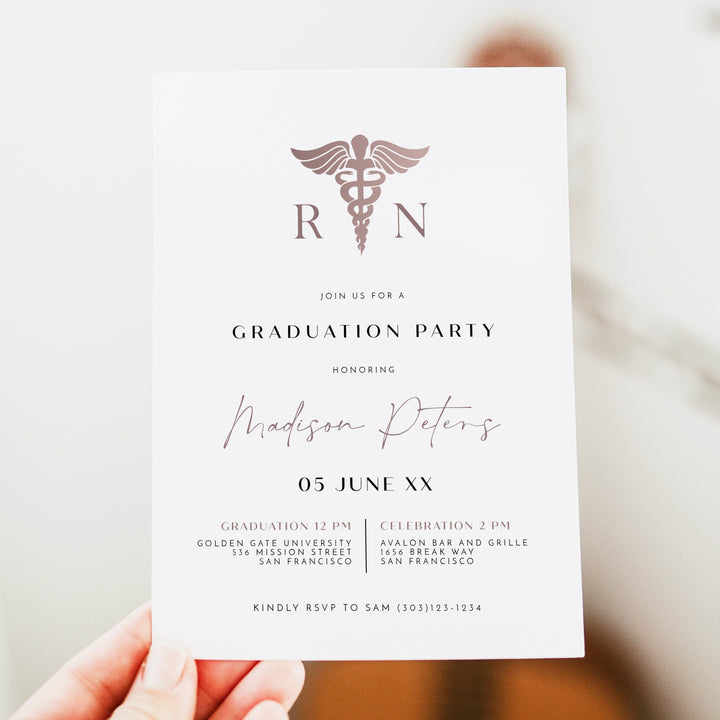 MAEVE Rose Gold Nursing School Rn Graduation Party Invitation