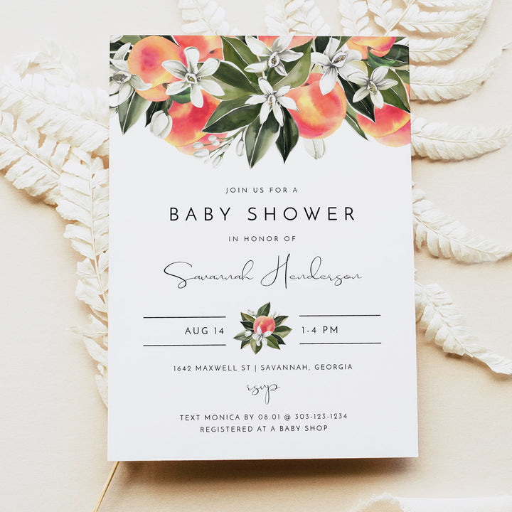 SAVANNAH Watercolor Peaches Fruit Baby Shower Invitation