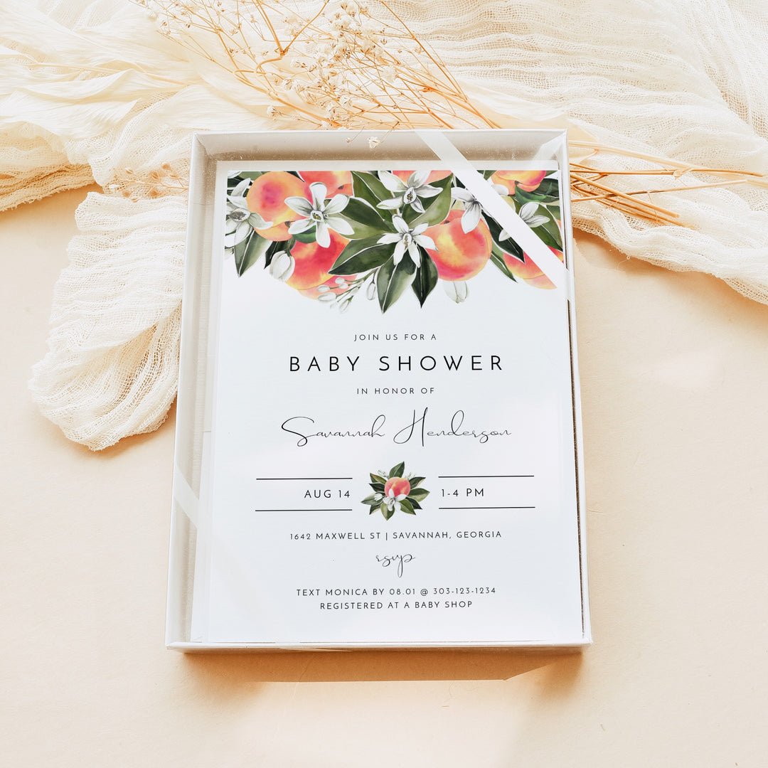 SAVANNAH Watercolor Peaches Fruit Baby Shower Invitation