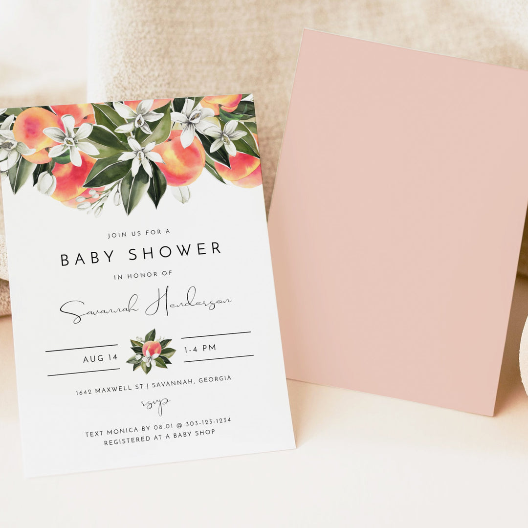 SAVANNAH Watercolor Peaches Fruit Baby Shower Invitation