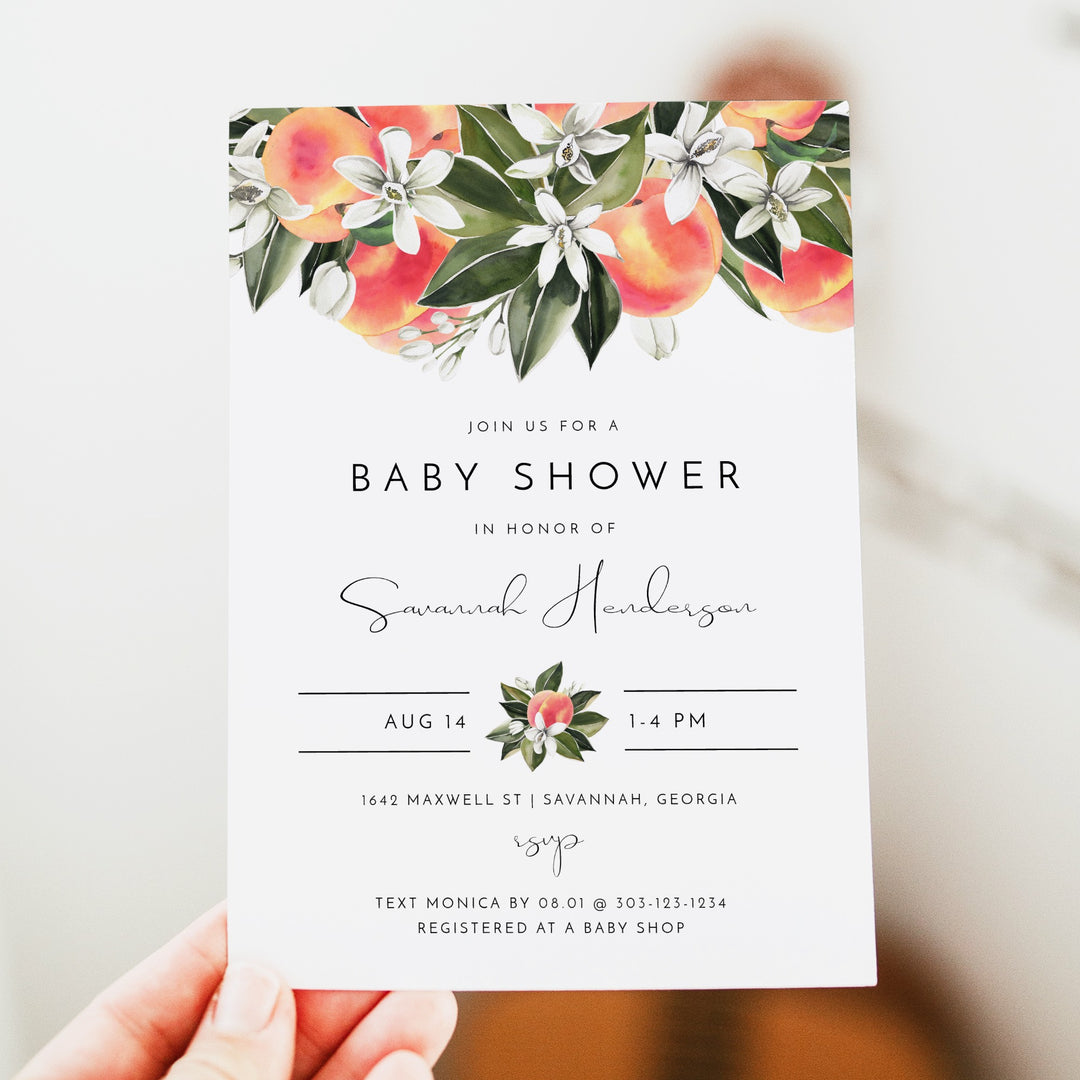 SAVANNAH Watercolor Peaches Fruit Baby Shower Invitation