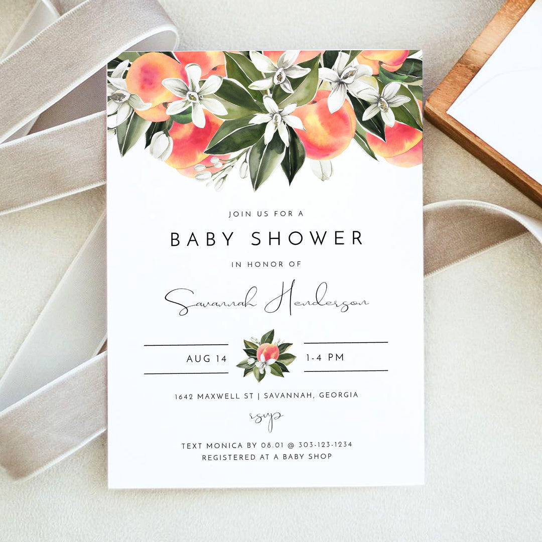 SAVANNAH Watercolor Peaches Fruit Baby Shower Invitation