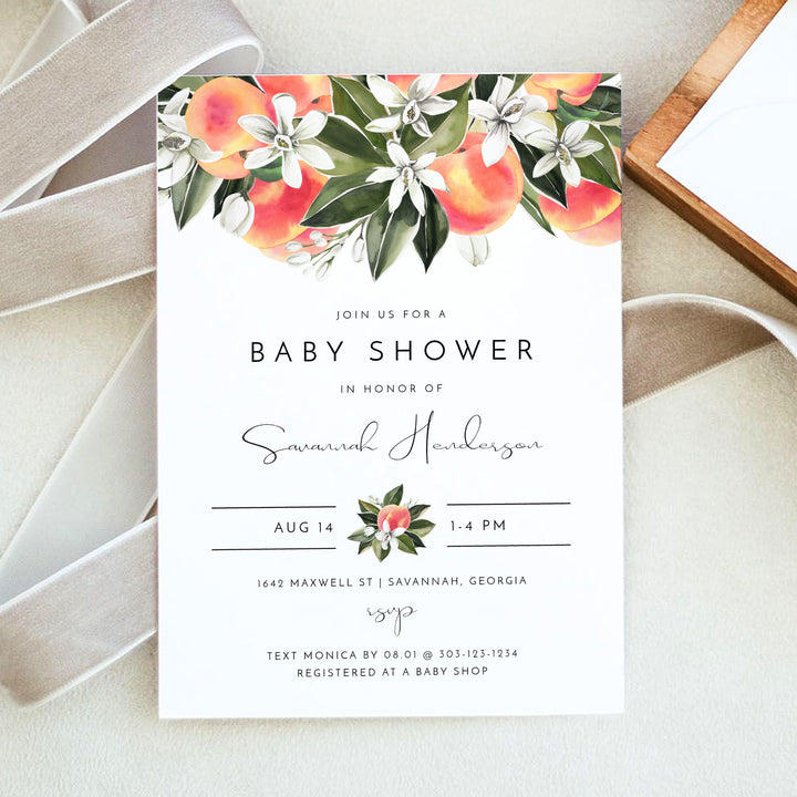 SAVANNAH Watercolor Peaches Fruit Baby Shower Invitation