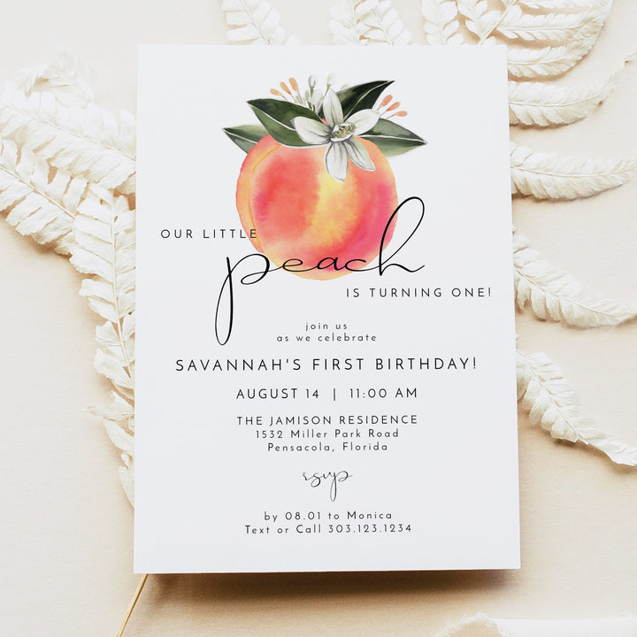 SAVANNAH Little Peach Turning One First Birthday Invitation