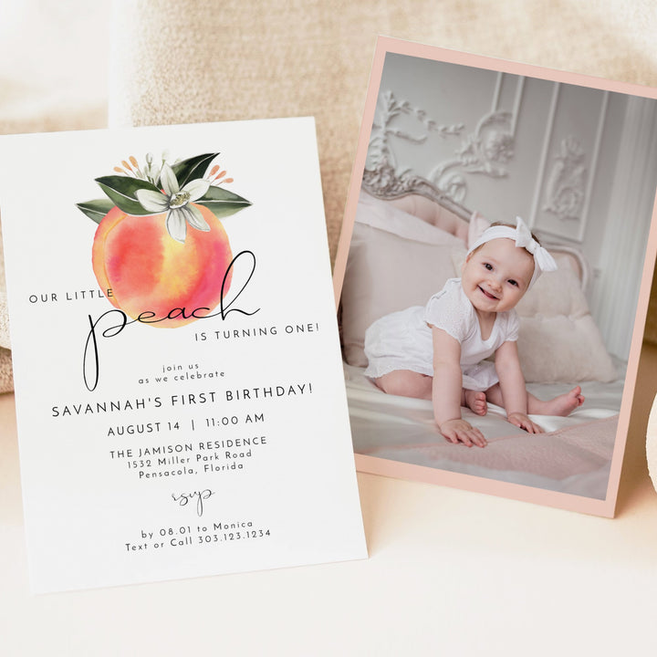 SAVANNAH Little Peach Turning One First Birthday Invitation