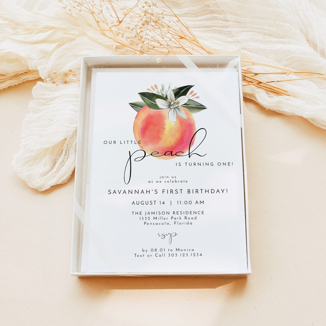 SAVANNAH Little Peach Turning One First Birthday Invitation