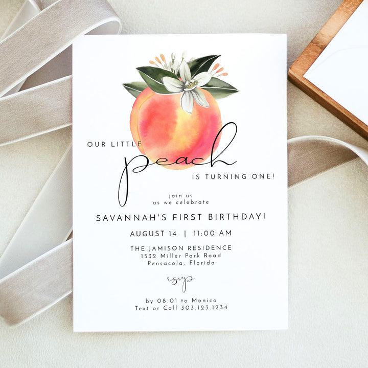 SAVANNAH Little Peach Turning One First Birthday Invitation