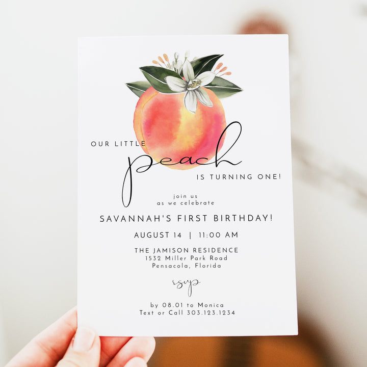 SAVANNAH Little Peach Turning One First Birthday Invitation