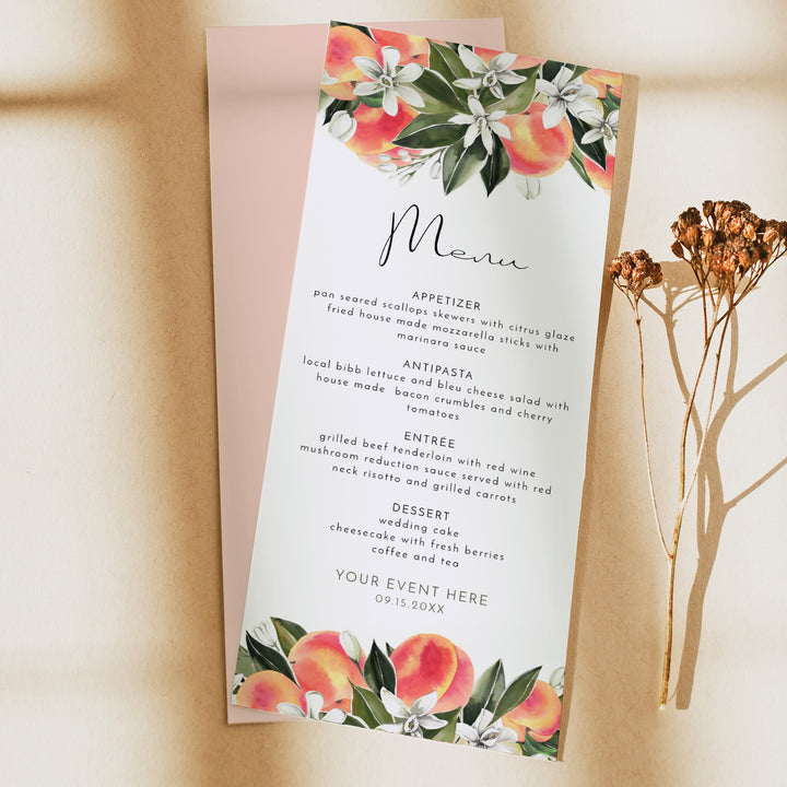 SAVANNAH Watercolor Peach Table Menu