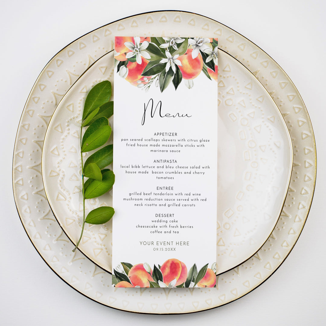 SAVANNAH Watercolor Peach Table Menu
