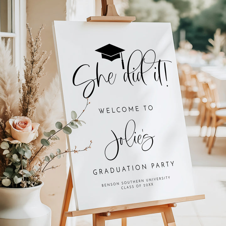JOLIE She Did It Black & White Minimalist Graduation Party Welcome Sign