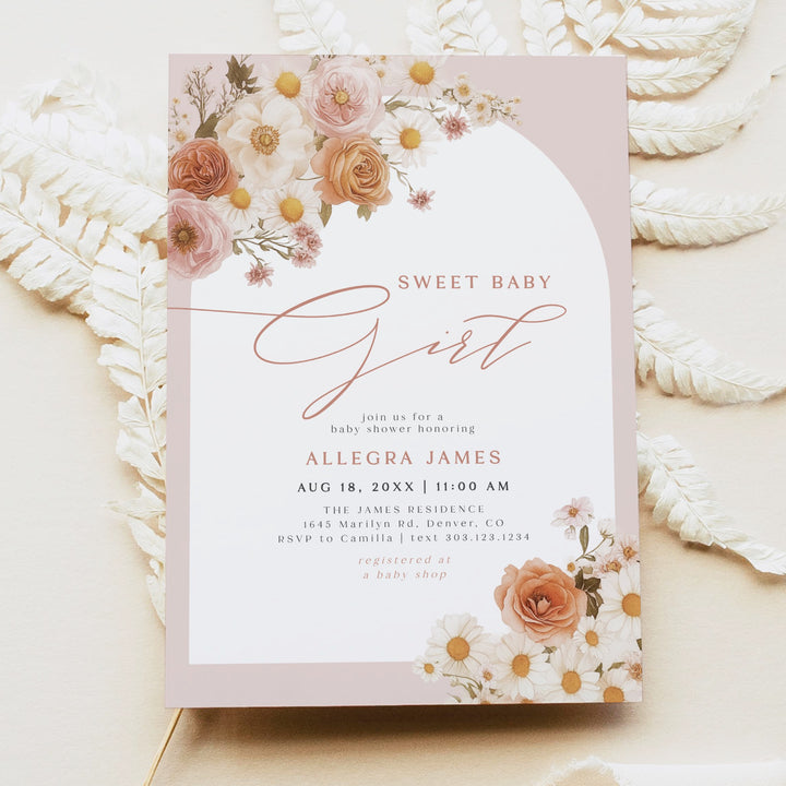 TATIANA Sweet Baby Girl Boho Floral Baby Shower Invitation