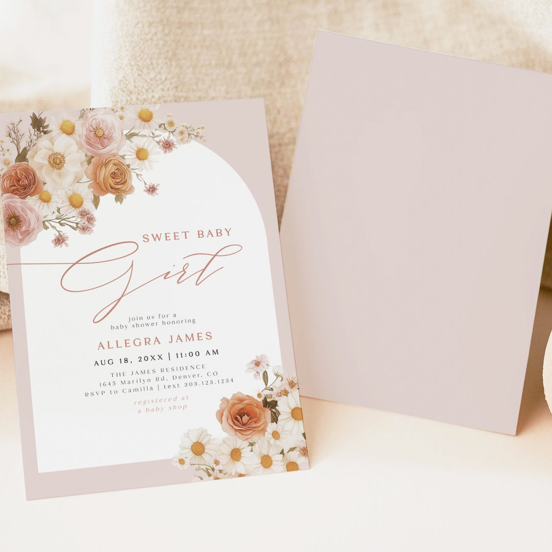 TATIANA Sweet Baby Girl Boho Floral Baby Shower Invitation