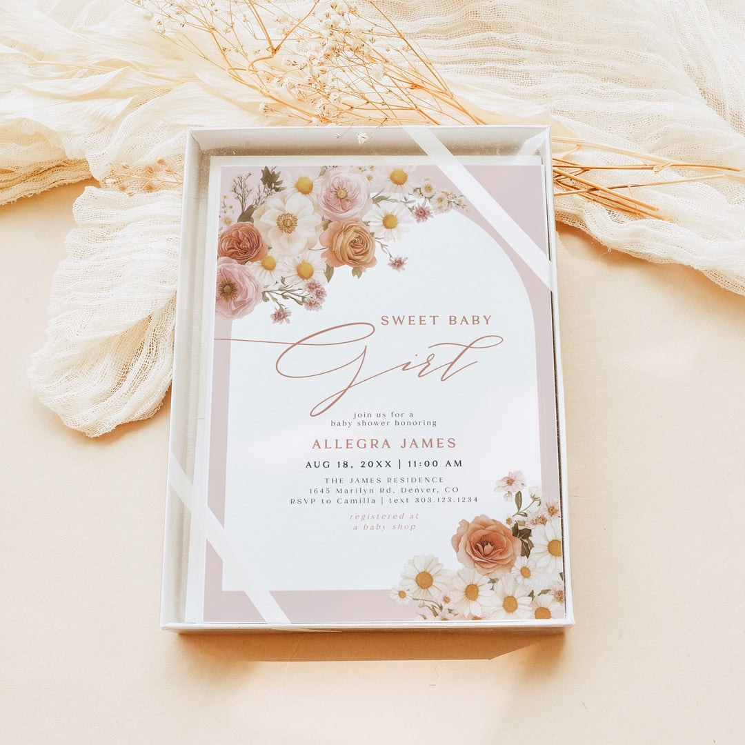 TATIANA Sweet Baby Girl Boho Floral Baby Shower Invitation