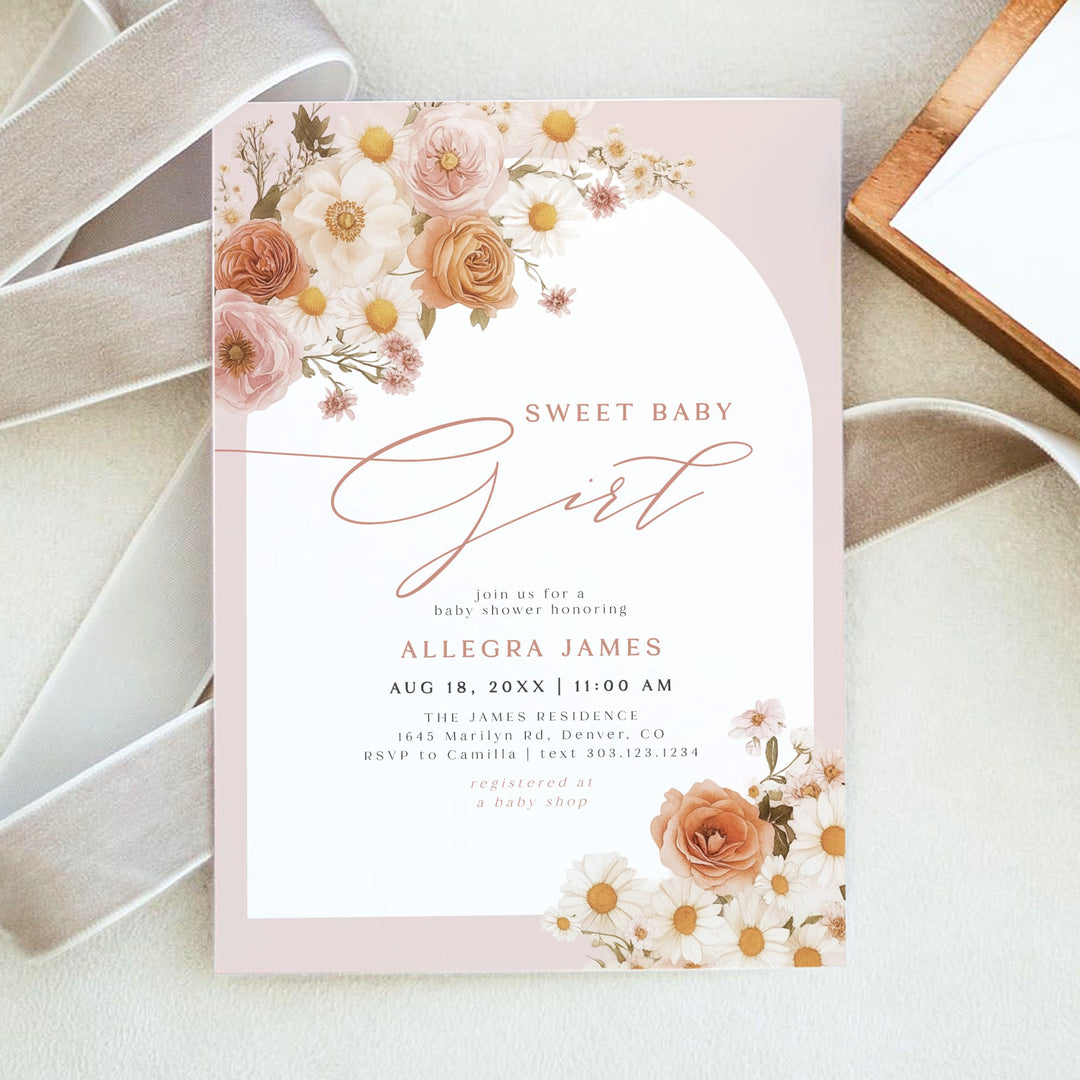 TATIANA Sweet Baby Girl Boho Floral Baby Shower Invitation