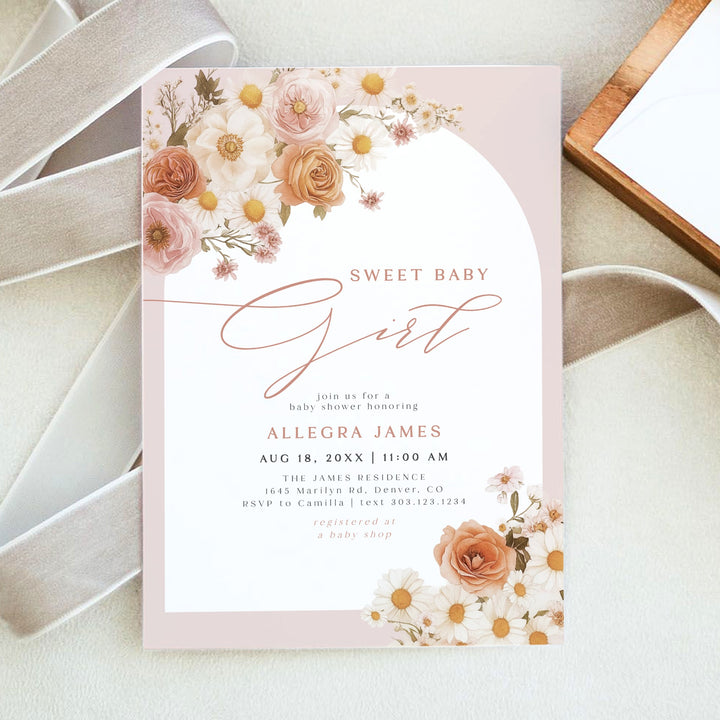TATIANA Sweet Baby Girl Boho Floral Baby Shower Invitation