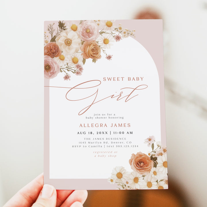TATIANA Sweet Baby Girl Boho Floral Baby Shower Invitation