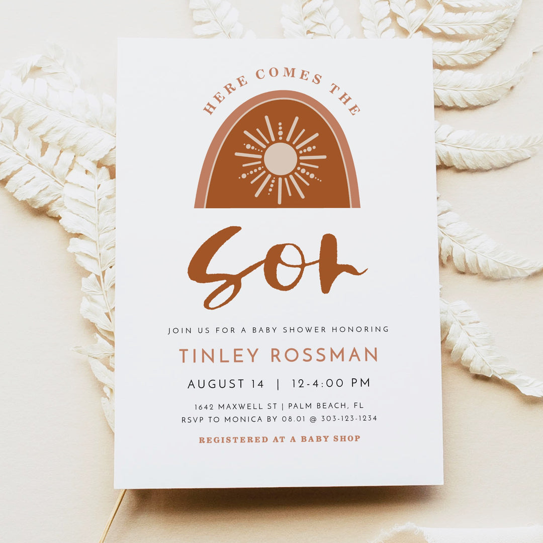 TINLEY Here Comes the Sun Boho Sun Baby Shower Invitation Suite