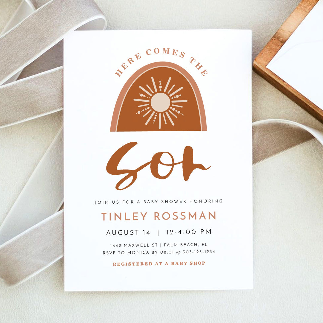 TINLEY Here Comes the Son Boho Baby Boy Baby Shower Invitation