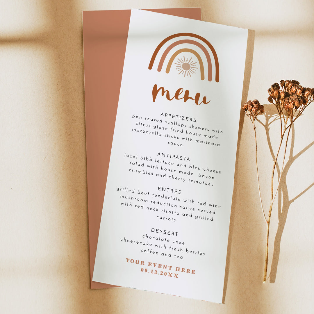 TINLEY Boho Rainbow & Sun Baby Shower Menu Cards