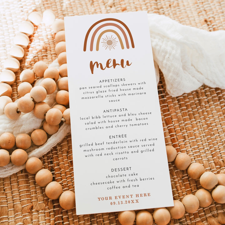 TINLEY Boho Rainbow & Sun Baby Shower Menu Cards