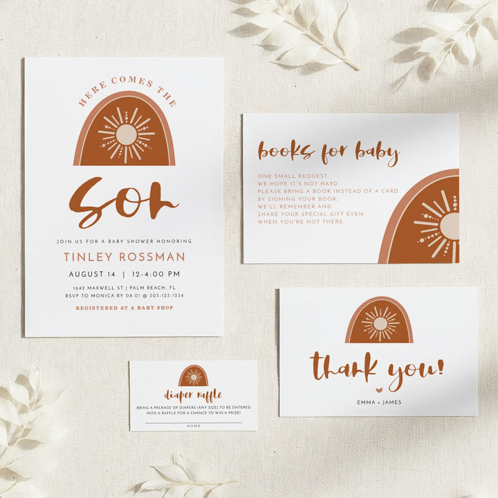 TINLEY Here Comes the Sun Boho Sun Baby Shower Invitation Suite