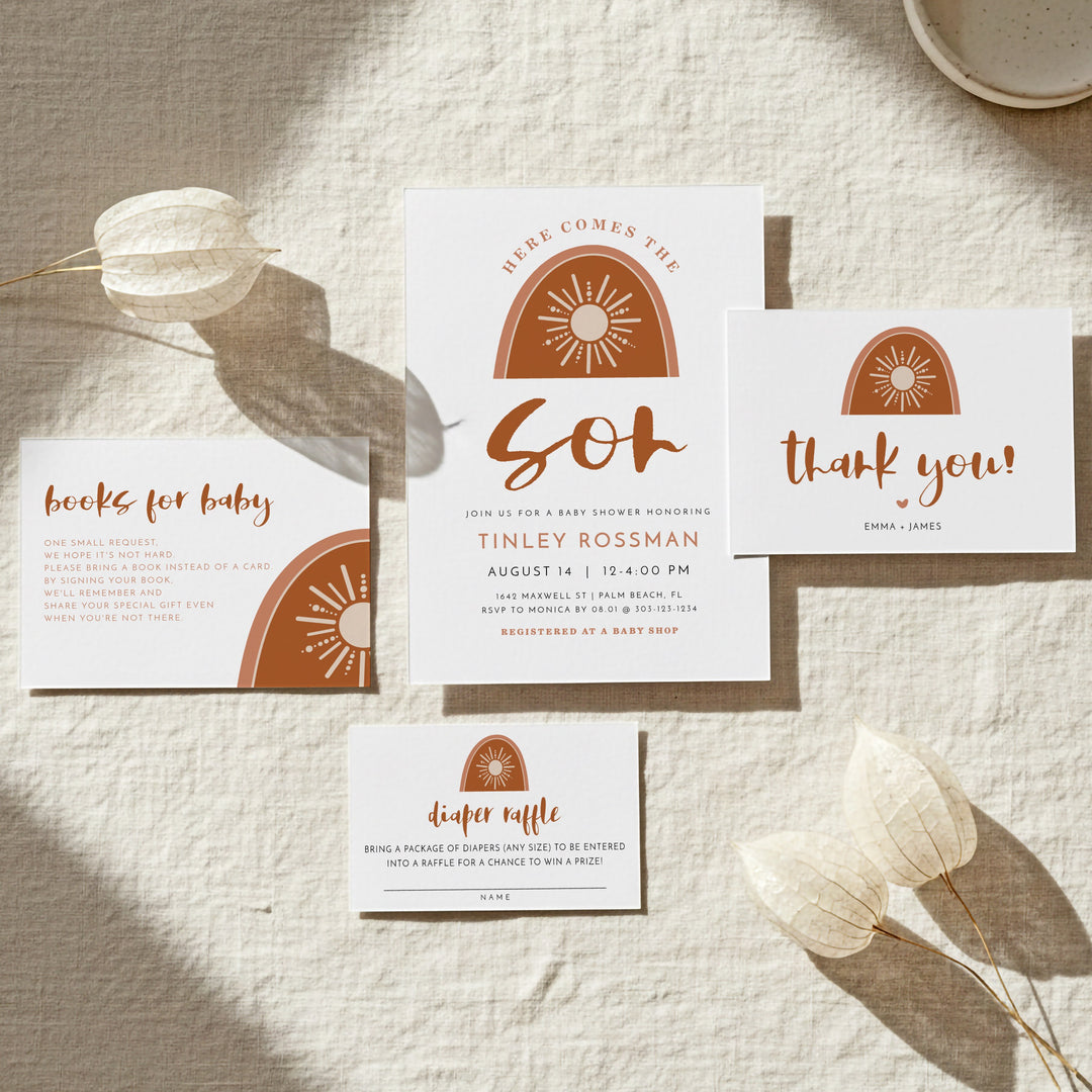 TINLEY Here Comes the Sun Boho Sun Baby Shower Invitation Suite