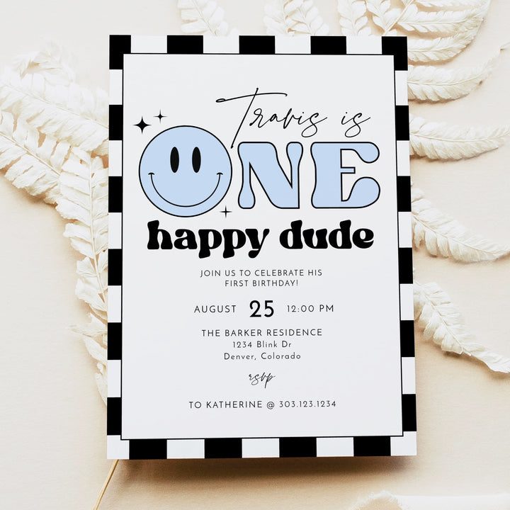 TRAVIS Blue Retro Checkered First Birthday Party Invitation