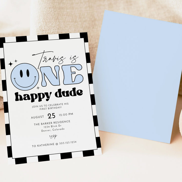 TRAVIS Blue Retro Checkered First Birthday Party Invitation