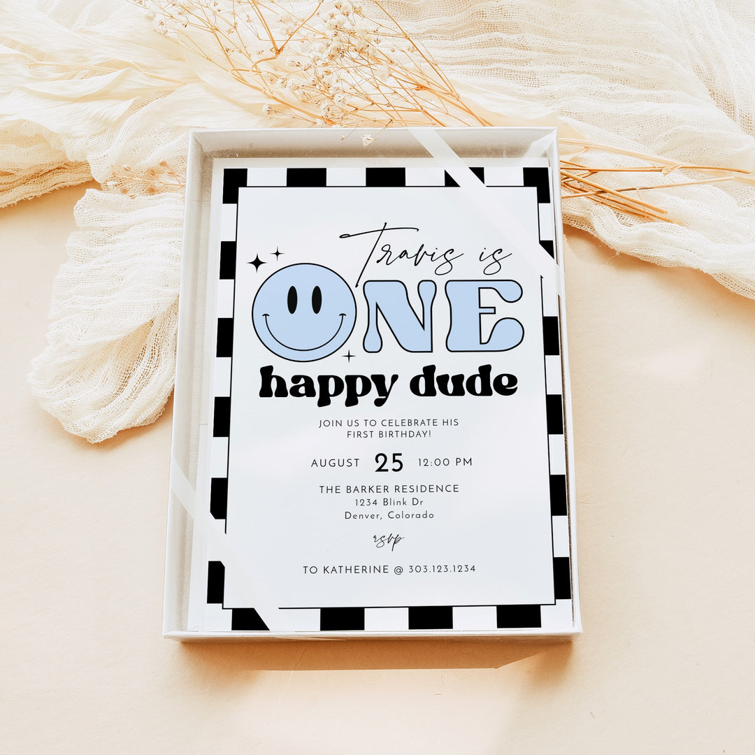 TRAVIS Blue Retro Checkered First Birthday Party Invitation