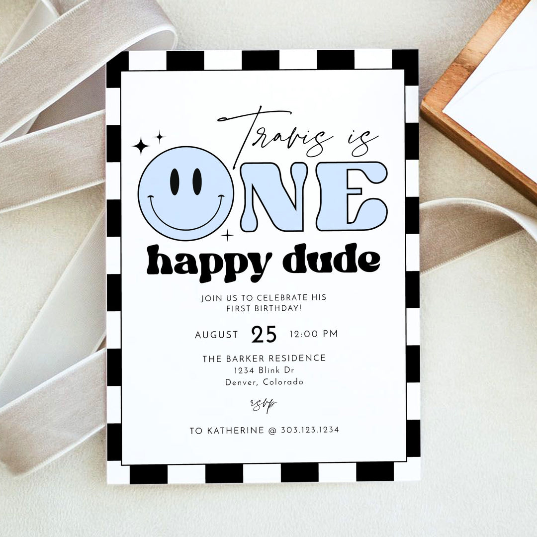 TRAVIS Blue Retro Checkered First Birthday Party Invitation