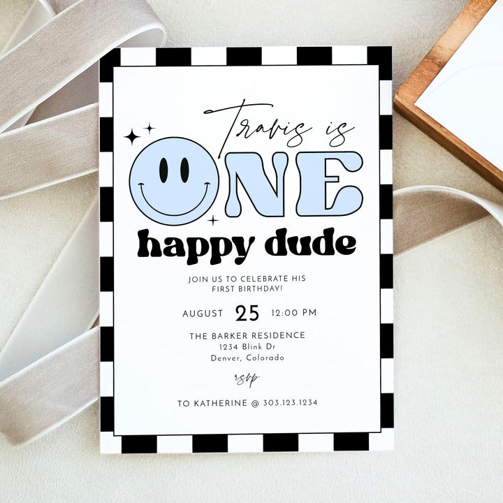 TRAVIS Blue Retro Checkered First Birthday Party Invitation