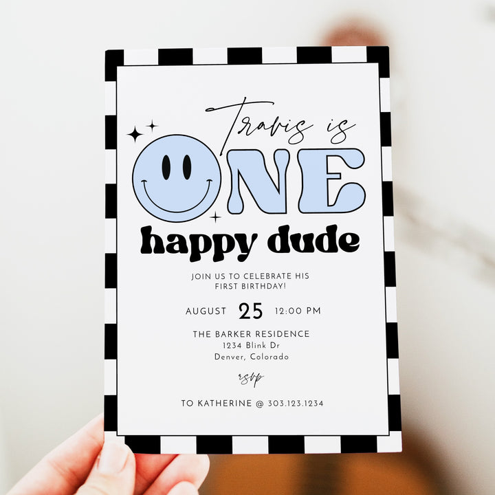 TRAVIS Blue Retro Checkered First Birthday Party Invitation