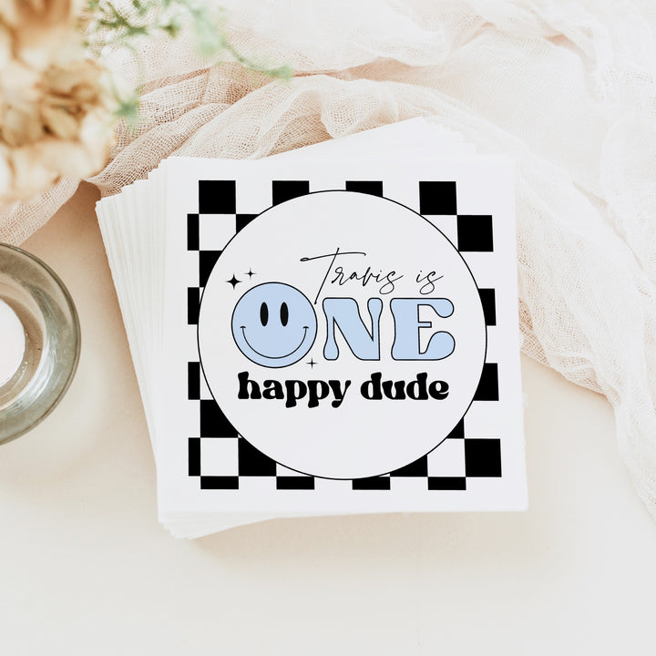 TRAVIS One Happy Dude Blue Retro Smiley First Birthday Party Napkins Personalized