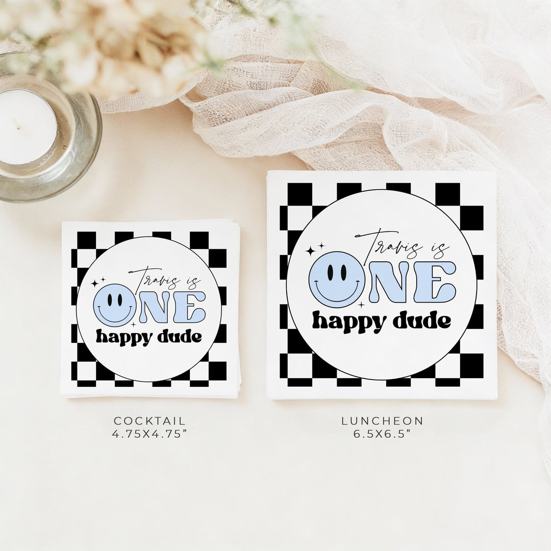 TRAVIS One Happy Dude Blue Retro Smiley First Birthday Party Napkins Personalized