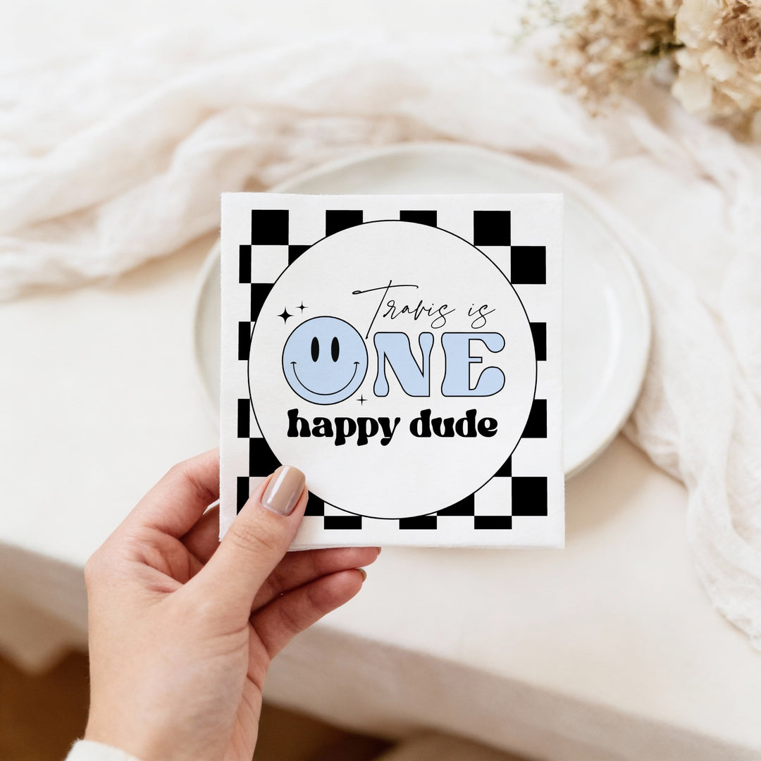 TRAVIS One Happy Dude Blue Retro Smiley First Birthday Party Napkins Personalized