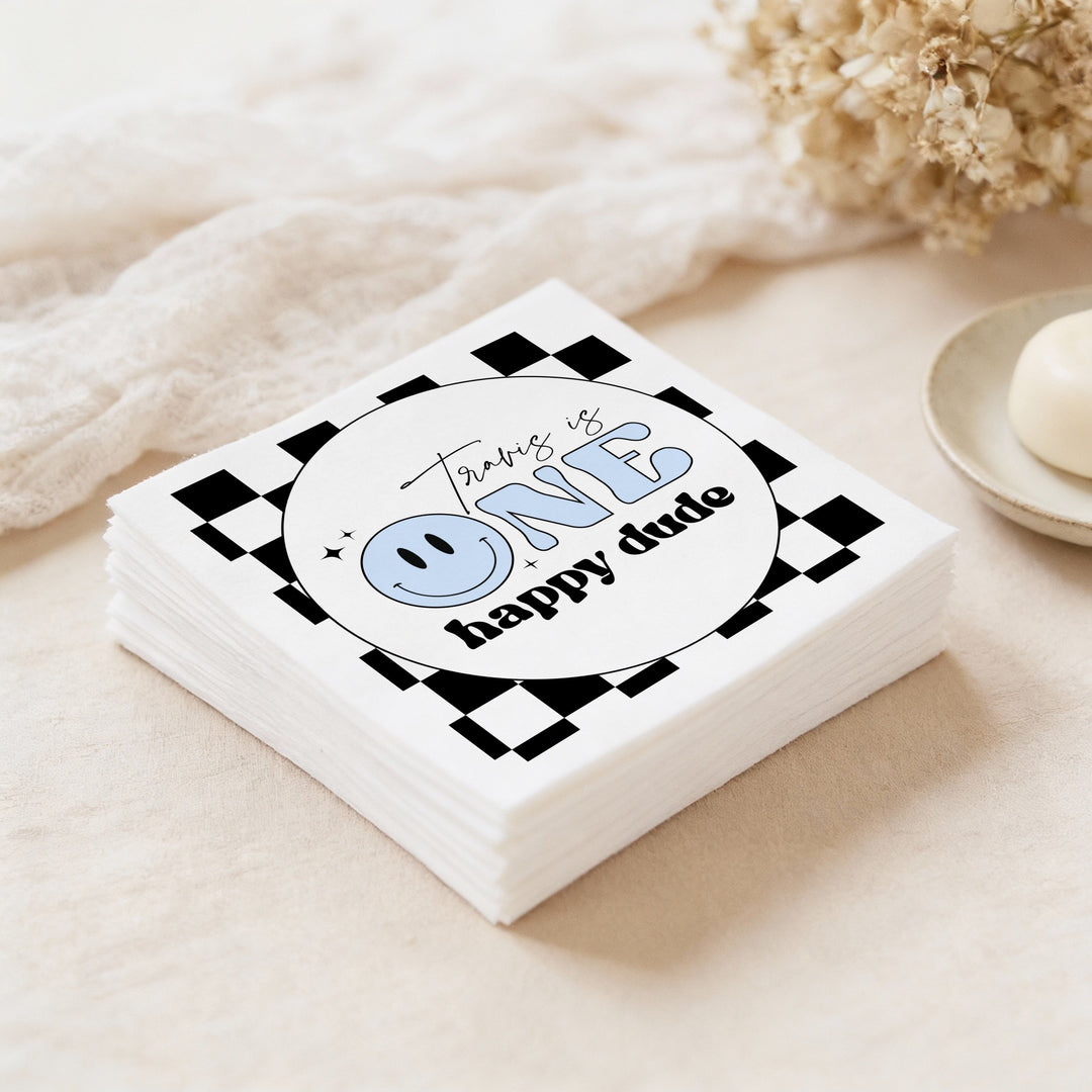 TRAVIS One Happy Dude Blue Retro Smiley First Birthday Party Napkins Personalized