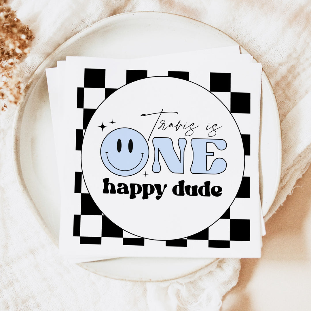 TRAVIS One Happy Dude Blue Retro Smiley First Birthday Party Napkins Personalized