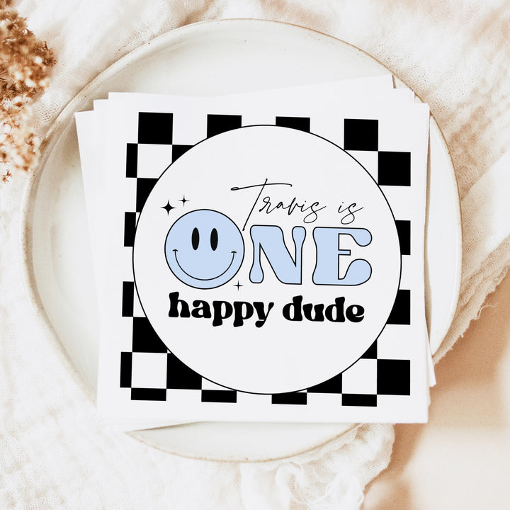 TRAVIS One Happy Dude Blue Retro Smiley First Birthday Party Napkins Personalized