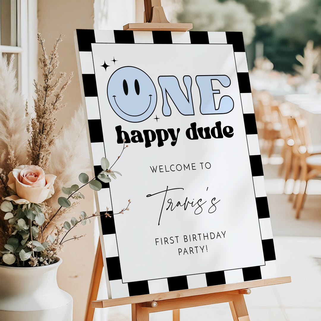 TRAVIS One Happy Dude Blue Retro Smiley First Birthday Party Welcome Sign